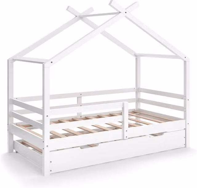 Cama infantil Vitalispa Luni en forma de casa de madera de pino blanca con cama extraíble para invitados, An/P/Al: 160 x 80 cm