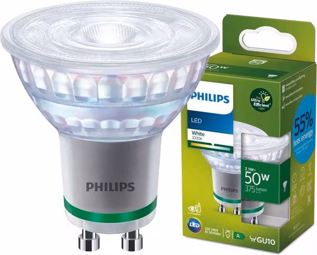Bombilla LED Philips Ultra Efficient Spot GU10 2,1W 375lm 3000K Blanco