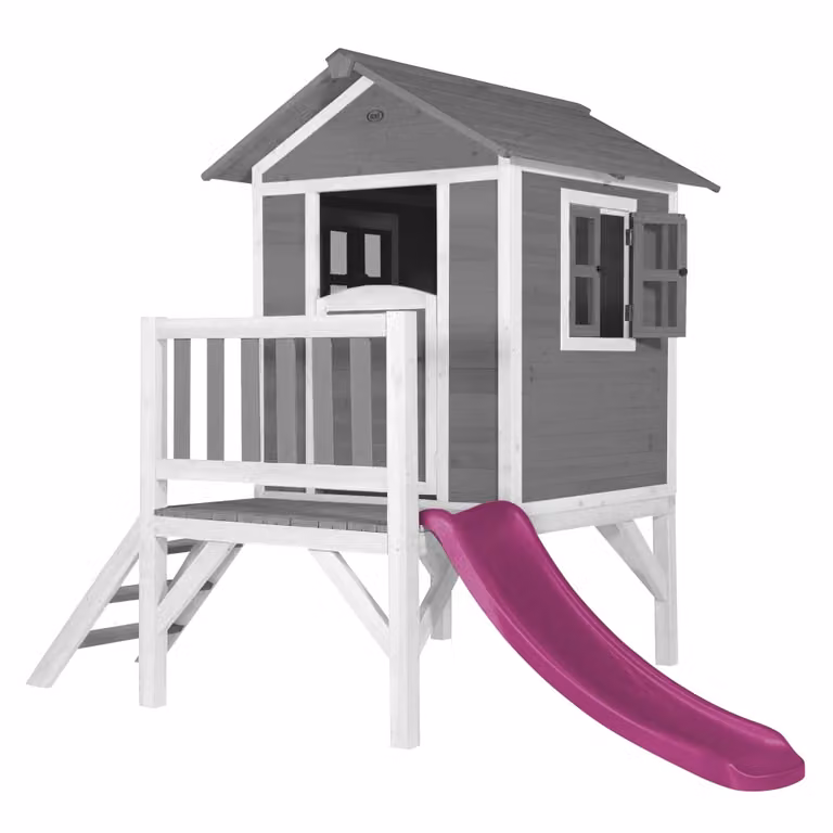 Casita infantil XL AXI con tobogán de madera FSC en colores morado, gris y blanco