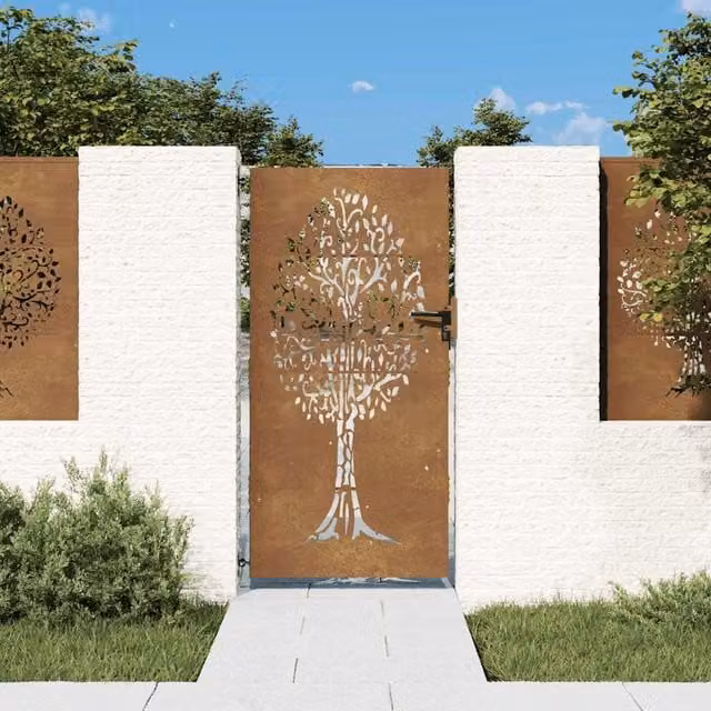Puerta de jardín de acero corten con diseño de árbol vidaxl color marrón An/Al: 85 x 175 cm