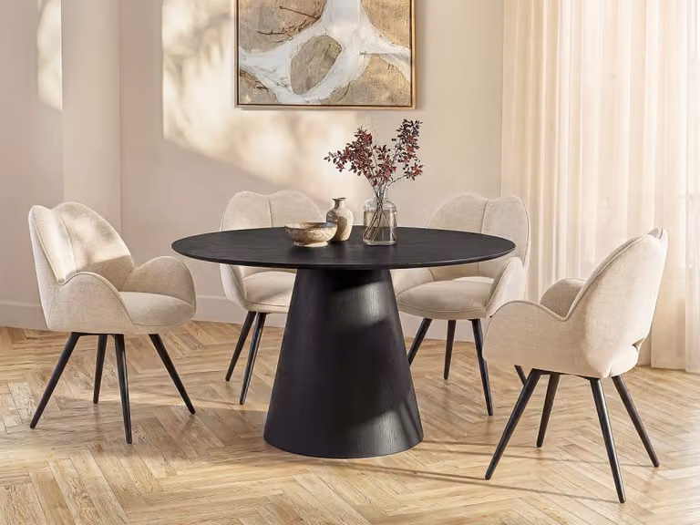 Mesa de comedor redonda moderna Vente-Unique en madera de fresno y MDF color negro mate Diámetro: 120 cm, Altura: 75 cm