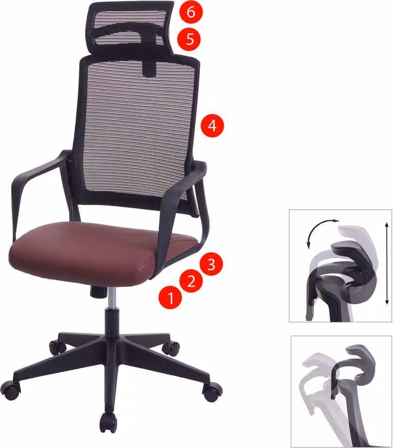 Silla de oficina ergonómica Mendler con reposacabezas, giratoria 360 grados y tapizado en piel sintética, color rojo, An/P/Al: 64 x 66 x 128 cm