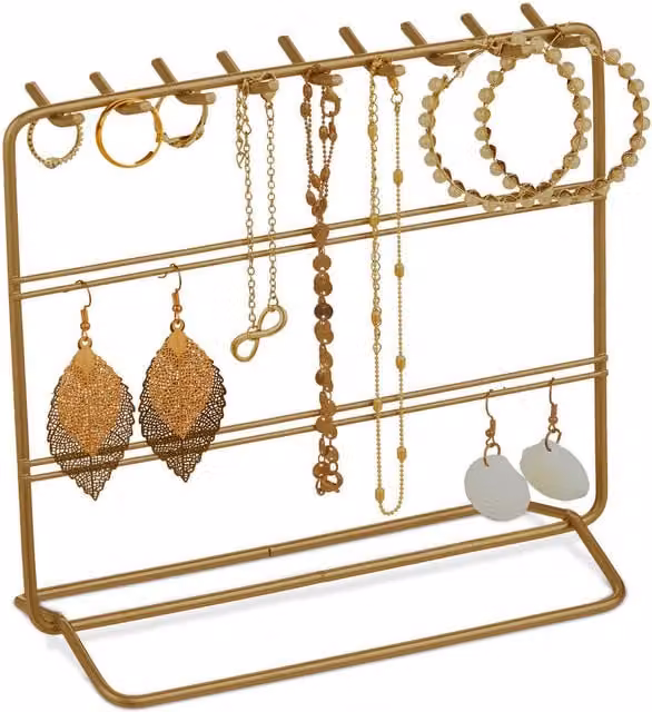Expositor de joyas para collares y pendientes Relaxdays de metal en color bronce, An/P/Al: 18 x 20 x 9 cm