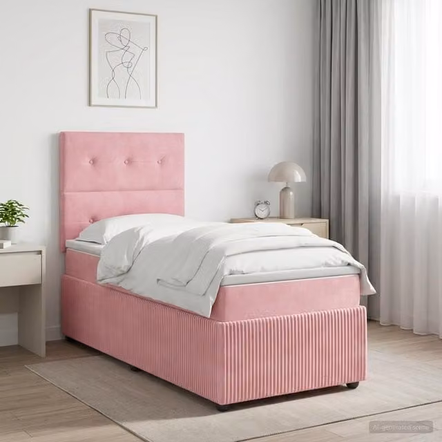Cama de muelles híbrida Maison Exclusive con colchón y base abatible en terciopelo rosa y blanco con iluminación LED y puerto USB, An/P/Al: 100 x 200 x 35 cm