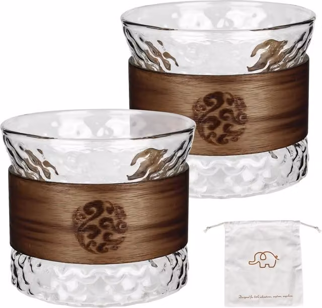 Juego de 2 tazas de espresso Neptune de vidrio transparente con asas de madera de nogal, capacidad de 170 ml