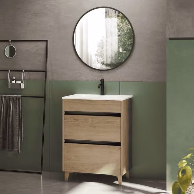 Mueble de baño de BAÑO TOTAL con lavabo cerámico, diseño moderno en roble con tiradores negros y 2 cajones con cierre suave, An/P/Al: 80 x 39 x 82 cm