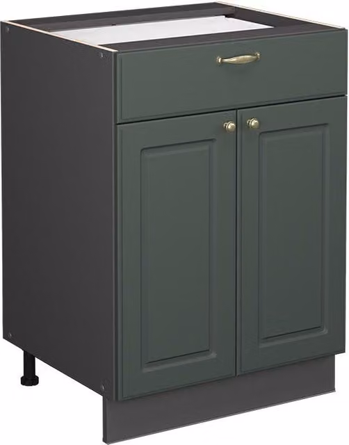Mueble bajo de cocina Vicco Fame-Line estilo casa de campo en verde y dorado con cajón y puertas con cierre suave, An: 60 cm, Al: 82 cm, P: 51,6 cm