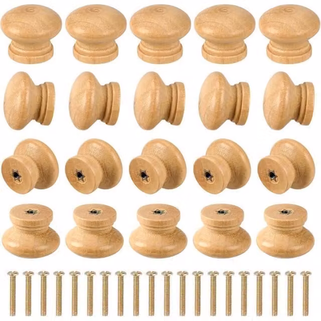 Set de 20 perillas redondas de madera ODIPIE en color marrón con acabado pulido para cajones y muebles