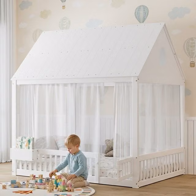 Cama infantil tipo cabaña MODFU en madera y MDF blanco con espacio de almacenamiento y somier de láminas, An/P/Al: 140 x 200 x 150,4 cm
