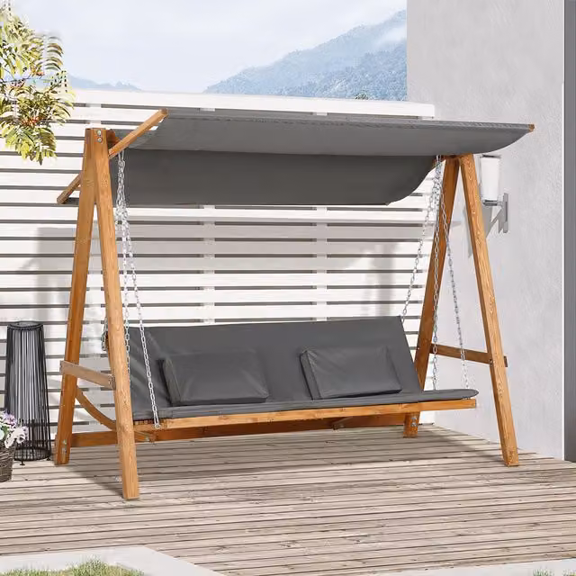 Columpio de jardín Outsunny Hollywood de 3 plazas convertible en cama, fabricado en madera de alerce con toldo ajustable y cojines, color gris y marrón, capacidad de carga de 250 kg