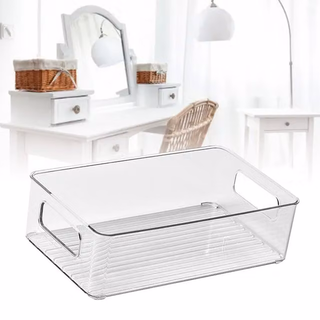 Caja de almacenamiento Infinite de plástico con base transparente para maquillaje y productos de cuidado de la piel
