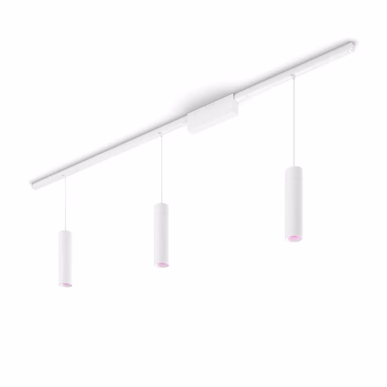 Kit de iluminación Philips Hue White & Color Ambiance con 3 lámparas suspendidas y base de techo recta en color blanco