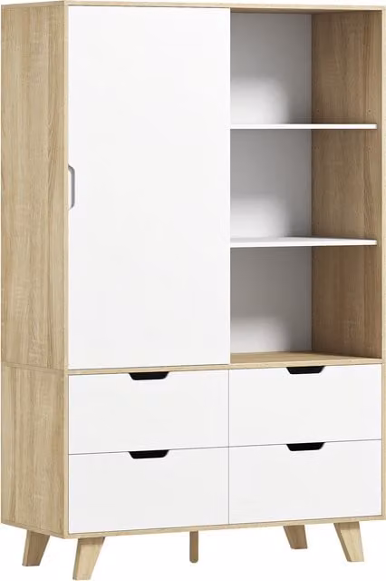 Armario de dormitorio moderno HOMCOM con puertas correderas, barra para colgar, estantes internos y 4 cajones en color roble y blanco