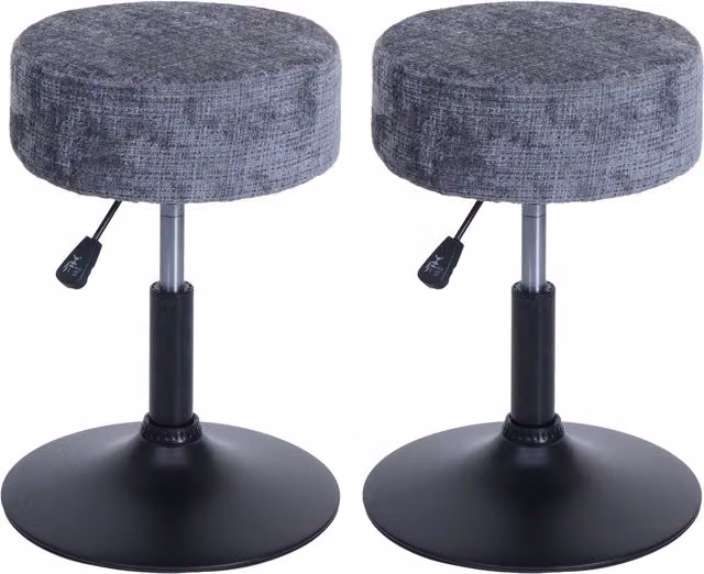 Set de 2 taburetes ajustables DECOSHOP26 de tela de chenilla gris oscuro con base de acero y giro de 360 grados, Diámetro: 37 cm