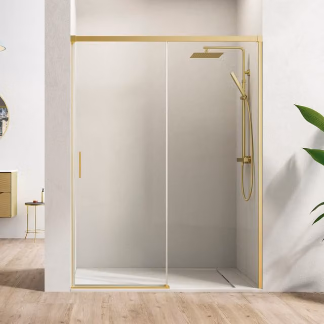 Mampara de ducha frontal BAÑO TOTAL con una puerta corredera y un panel fijo, vidrio templado de 6 mm transparente con tratamiento antical y perfil de color oro, Ancho: 110 cm