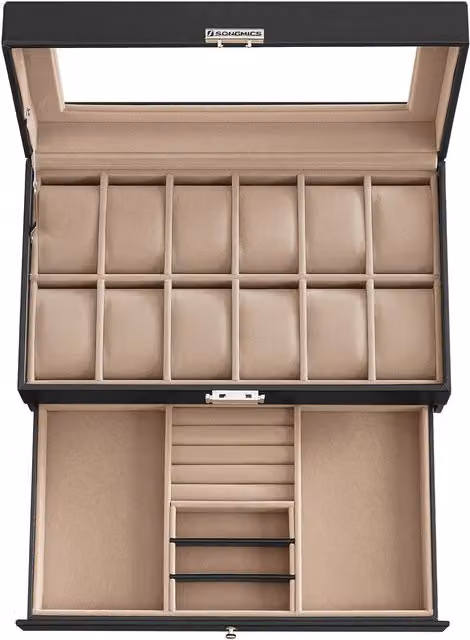 Estuche para 12 relojes Songmics con tapa de cristal y dos niveles en cuero sintético negro y forro beige, An/P/Al: 32.5 x 18.5 x 13.5 cm