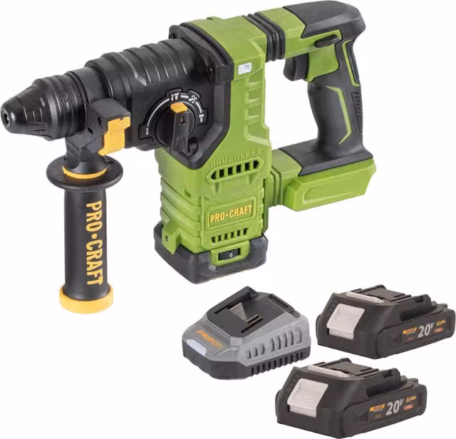 Martillo Perforador a Batería Procraft PHA30BB 20 V Brushless SDS Plus Color Verde con 2 Baterías de 2,0 Ah y Cargador