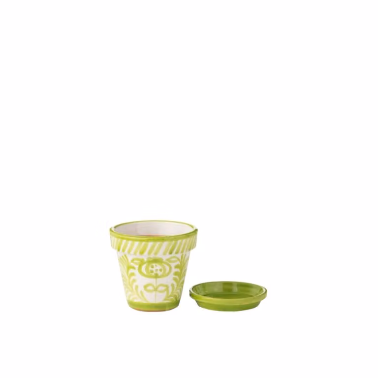 Macetero de mesa redondo de cerámica J-line con platillo, verde y blanco, An/P/Al: 21 x 21 x 19 cm