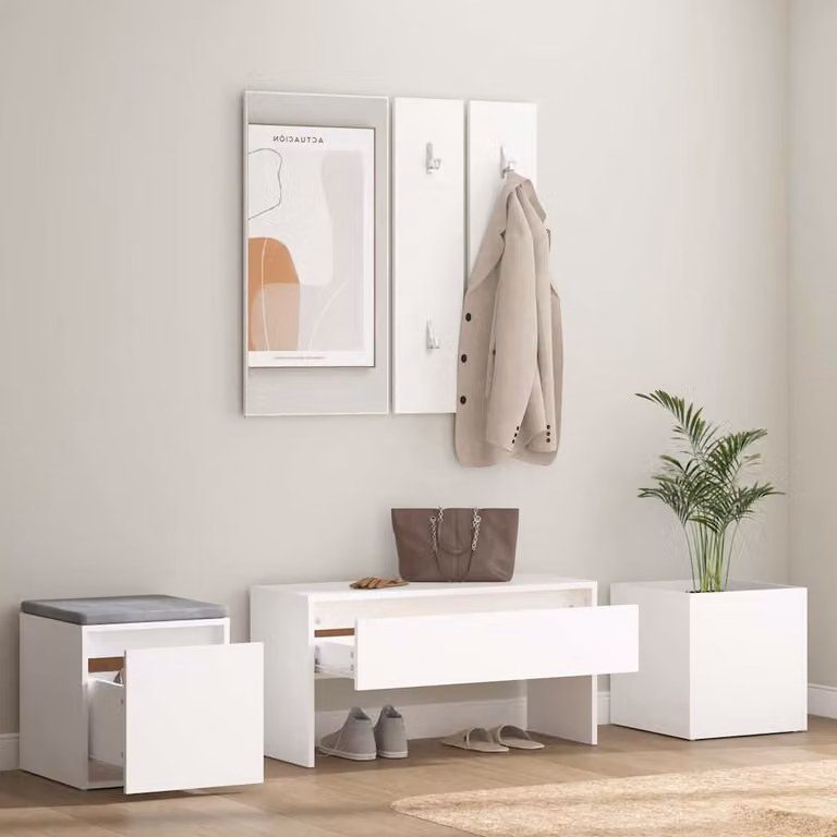 Juego de muebles de recibidor vidaXL moderno de madera MDF con banco, espejo y estante de pared en color blanco mate