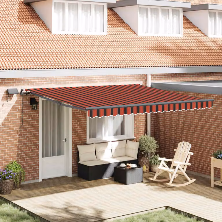 Toldo retráctil Syfax de aluminio y poliéster con brazos plegables en naranja y marrón, An/P: 400 x 300 cm