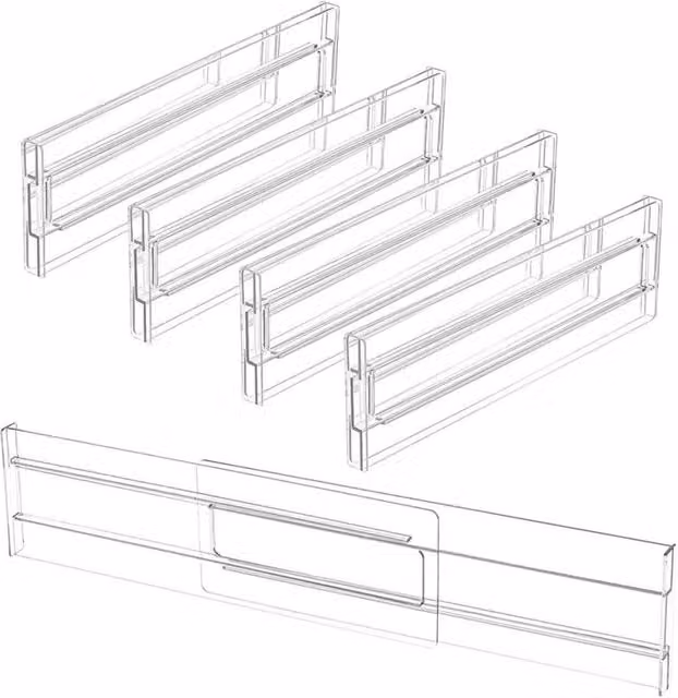 Pack de 4 separadores de cajones ajustables XISRENS de plástico en color transparente para cocina, baño u oficina, ajustables de 27,5 a 52 cm