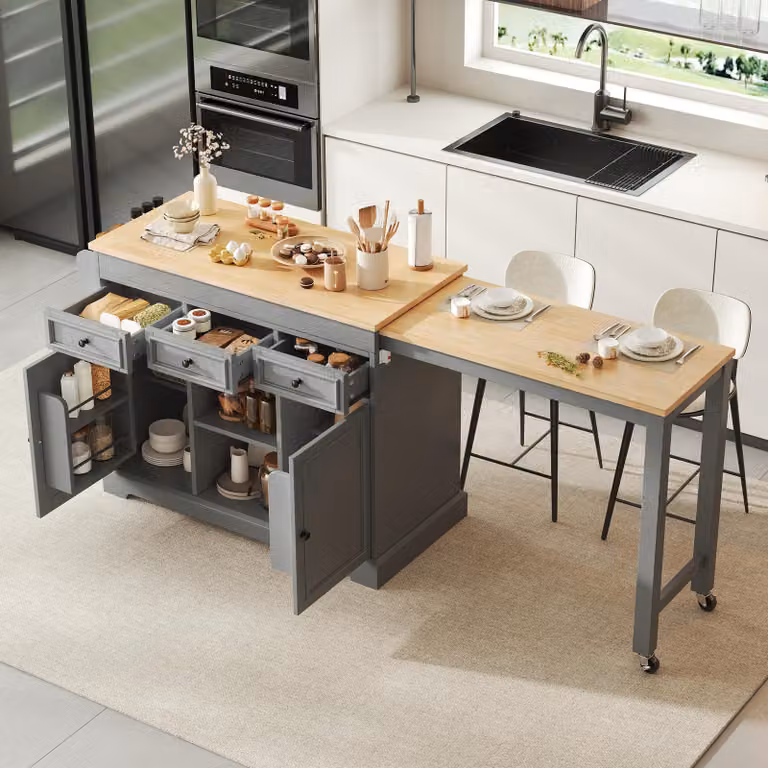 Isla de cocina extensible OKWISH con ruedas y estante para especias, color gris