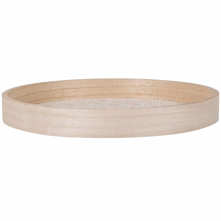 Bandeja redonda de madera Maisons du Monde en colores beige y blanco