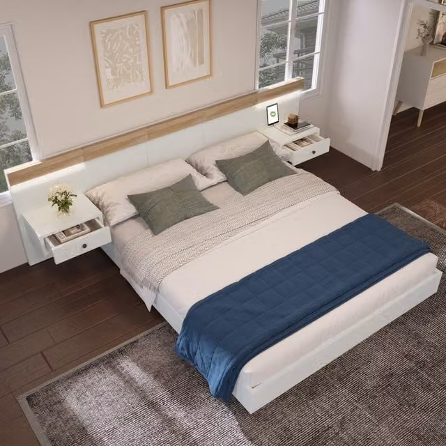 Cama Doble MODENVIE con 2 Mesitas de Noche, Luz LED, Tomas USB y Cajones, Madera Roble y Blanco, An/P/Al: 140 x 200 x 90,5 cm