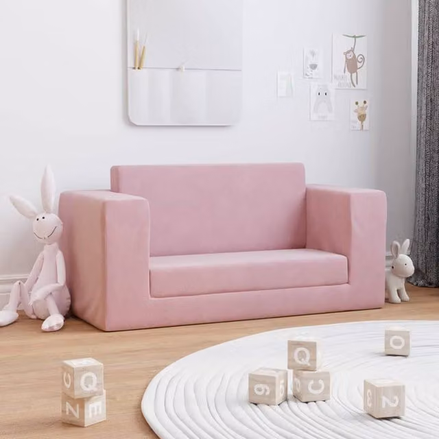Sofá cama infantil de 2 plazas vidaXL en felpa suave rosa con reposabrazos