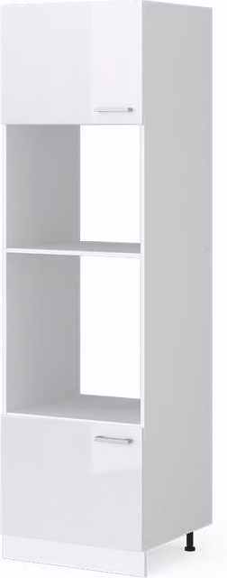 Armario para microondas Vicco R-Line en blanco y gris con acabado alto brillo y puertas con estante abierto, An/P/Al: 60 x 57,2 x 206,8 cm