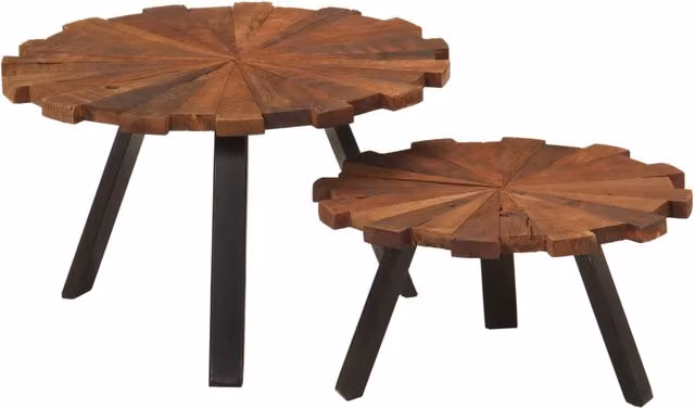 Set de 2 mesas de centro redondas SYFAX de madera maciza y metal en color marrón estilo industrial