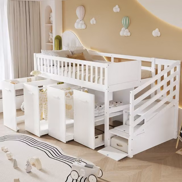 Litera infantil MODENVIE con escritorio deslizante, armarios y escalera con almacenaje, fabricada en madera y MDF, color blanco, An/P/Al: 200 x 90 x 160 cm (sin colchón)