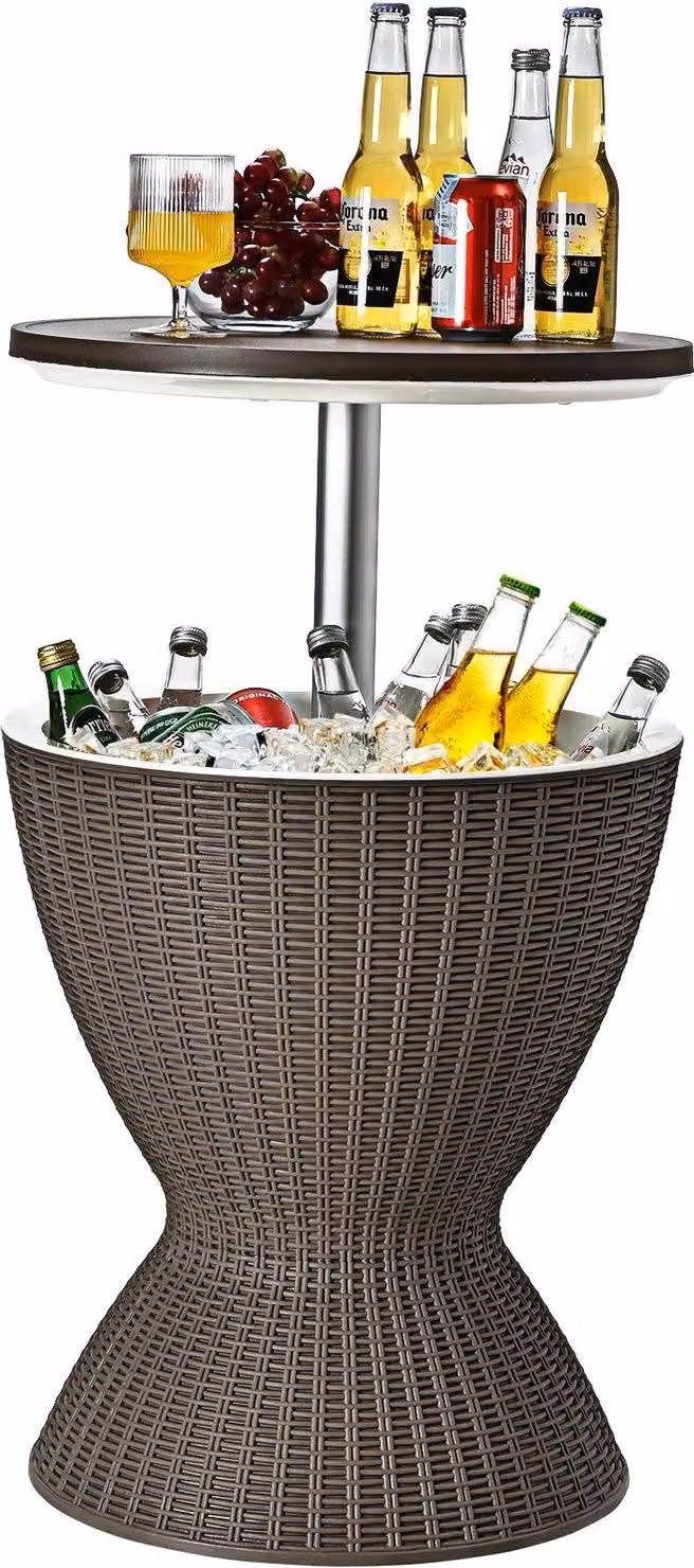 Mesa de jardín y enfriador de bebidas Northix con taburete integrado, ajustable en altura y acabado en ratán marrón