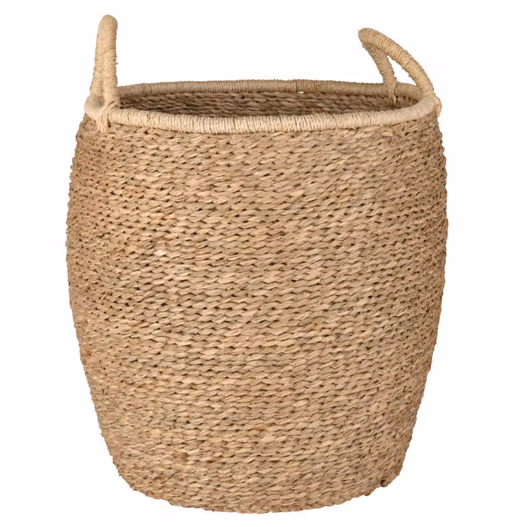 Cesta redonda de fibra de ratán y esparto con asas de Maisons du Monde en color blanco y beige, Diámetro: 42 cm, Altura: 16,5 cm