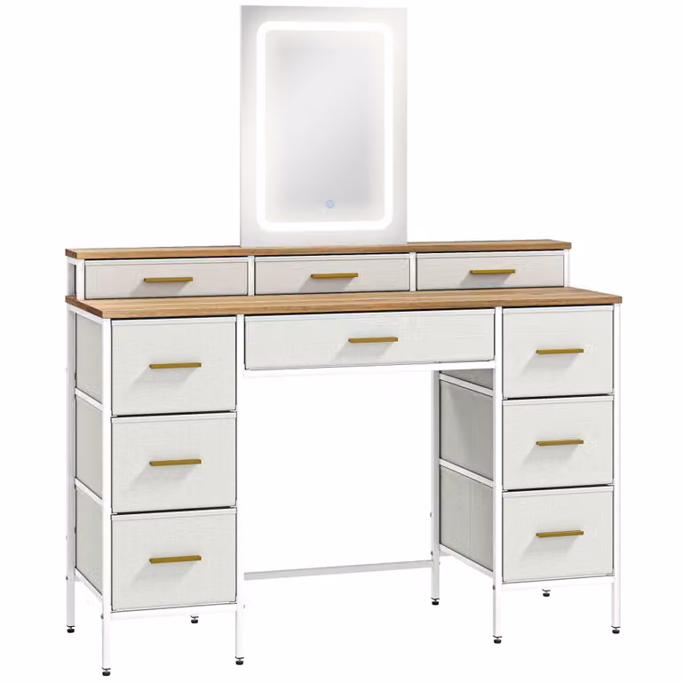 Tocador de maquillaje moderno Homcom con iluminación LED de estilo Hollywood, fabricado en madera y metal, An: 118.5 cm, P: 39.5 cm, Al: 140 cm