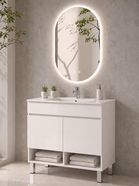 Mueble de baño con patas Origenbath Nebari en color blanco con lavabo extraplano y sin espejo An/P: 90 x 40 cm