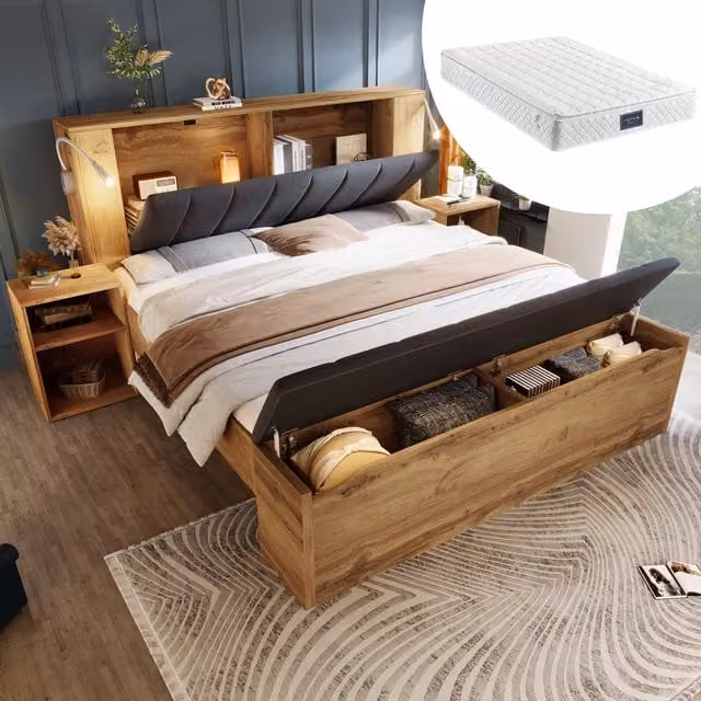 Cama Doble Kellany de Madera con Cabecero Abatible Tapizado en Lino, Almacenamiento, Mesitas de Noche, Banco y Lámparas de Lectura con USB, Color Marrón, An/P: 160 x 200 cm