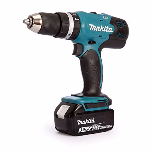 Taladro de percusión inalámbrico Makita DHP453SFE con portabrocas sin llave, color azul, negro y petrolero