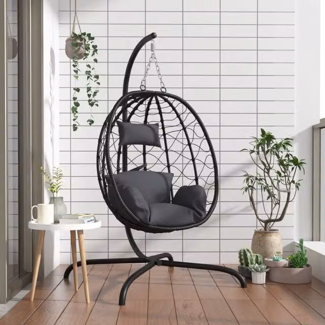 Sillón colgante tipo huevo vidaXL con cojín antracita y estructura de acero y ratán para jardín o salón