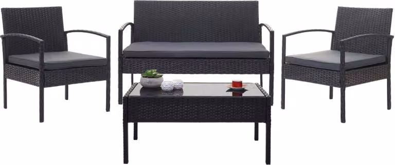 Conjunto de muebles de jardín Mendler con sillón lounge, mesa de café y cojines en color gris y negro