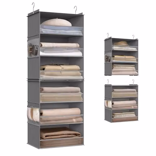 Organizador colgante de armario SONGMICS plegable con ganchos metálicos y refuerzos de bambú en color gris para ropa, zapatos y bolsos