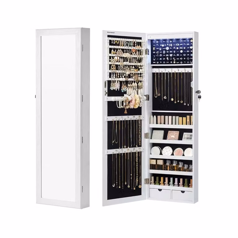 Armario Joyero de Pared Songmics con Espejo, Luces LED y Cierre de Seguridad en Blanco Mate