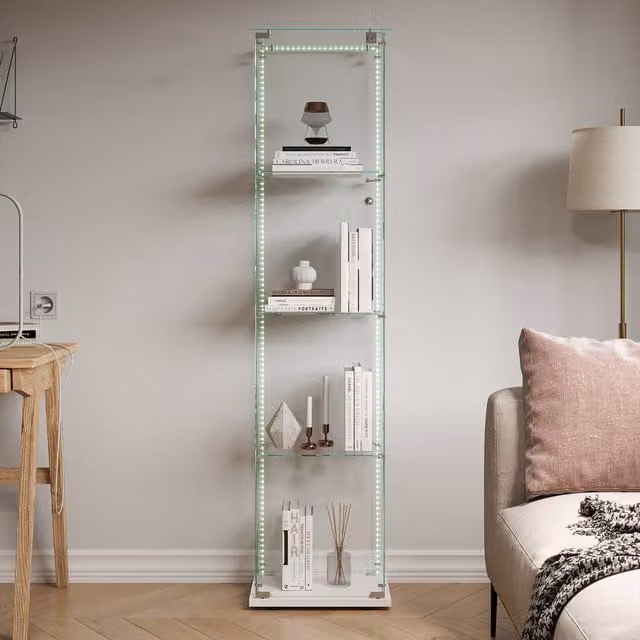 Vitrina de cristal NAHILIMI con iluminación LED, puerta con cerradura y 4 compartimentos, color blanco