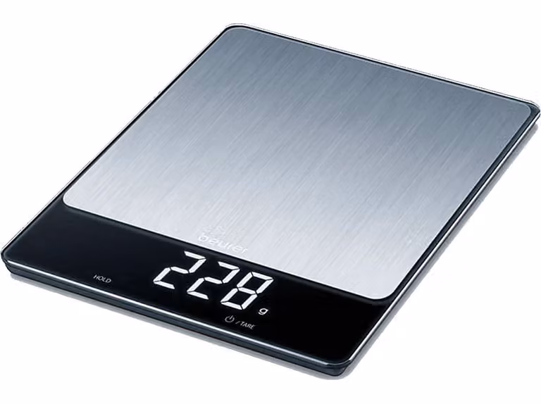 Balanza de cocina digital Beurer KS 34 XL en acero inoxidable, capacidad de 15 kg, color plata y negro con pantalla digital