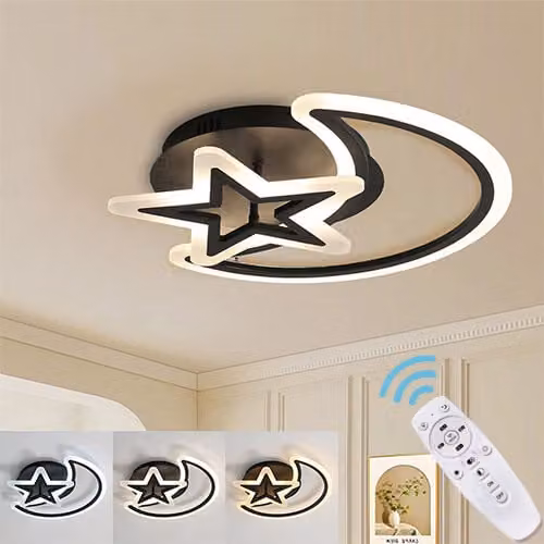 Lámpara de techo LED moderna Lapamax de 62W con diseño de luna y estrellas, regulable con control remoto, disponible en blanco o negro