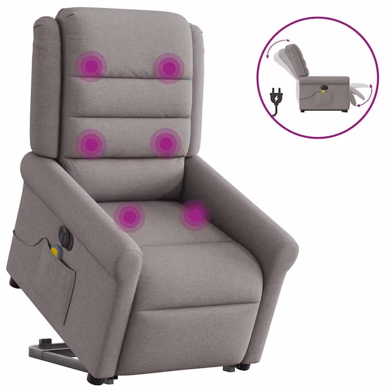 Sillón de masaje eléctrico reclinable y elevable vidaXL en tela color taupé con reposabrazos y diseño moderno para mayores