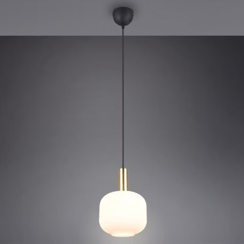 Lámpara colgante DIVA de Trio con pantalla de vidrio blanco y detalles en metal negro y latón, compatible con bombilla E27, Al x An x P: 150 x 20 x 20 cm