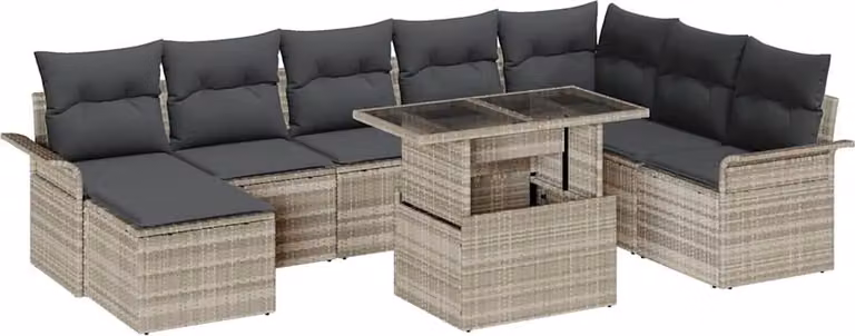 Conjunto de sofá de jardín Syfax de 9 piezas en ratán sintético gris con cojines y mesa de centro para terraza