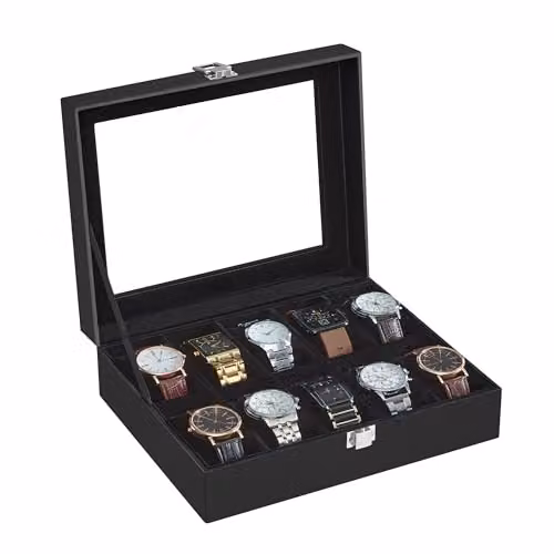 Caja de relojes SONGMICS con 10 compartimentos, tapa de cristal y acabado en negro, An/P/Al: 25,5 x 20,2 x 7,5 cm