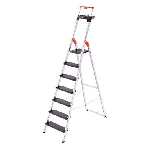 Escalera de tijera de aluminio Hailo Topline L100 de 7 peldaños con bandeja, color plata y negro, capacidad de 150 kg y altura de trabajo de 3,50 m